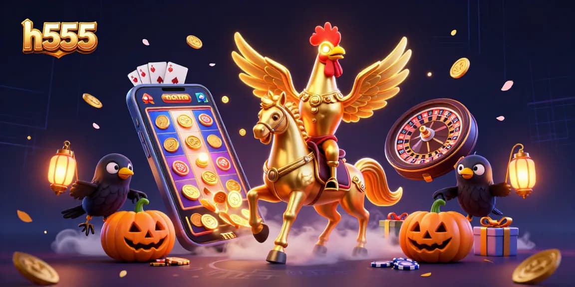Experience thrills with h555, as a golden rooster gallops through a vibrant midnight casino.