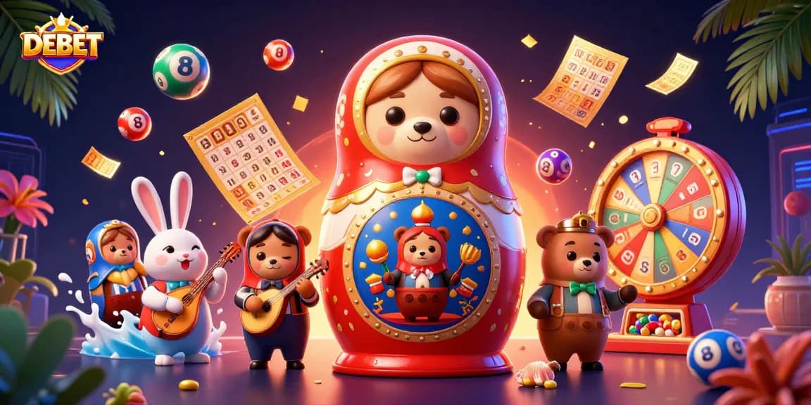 Experience the thrill of casino games with DEBET's lively 3D illustration showcasing lottery excitement.