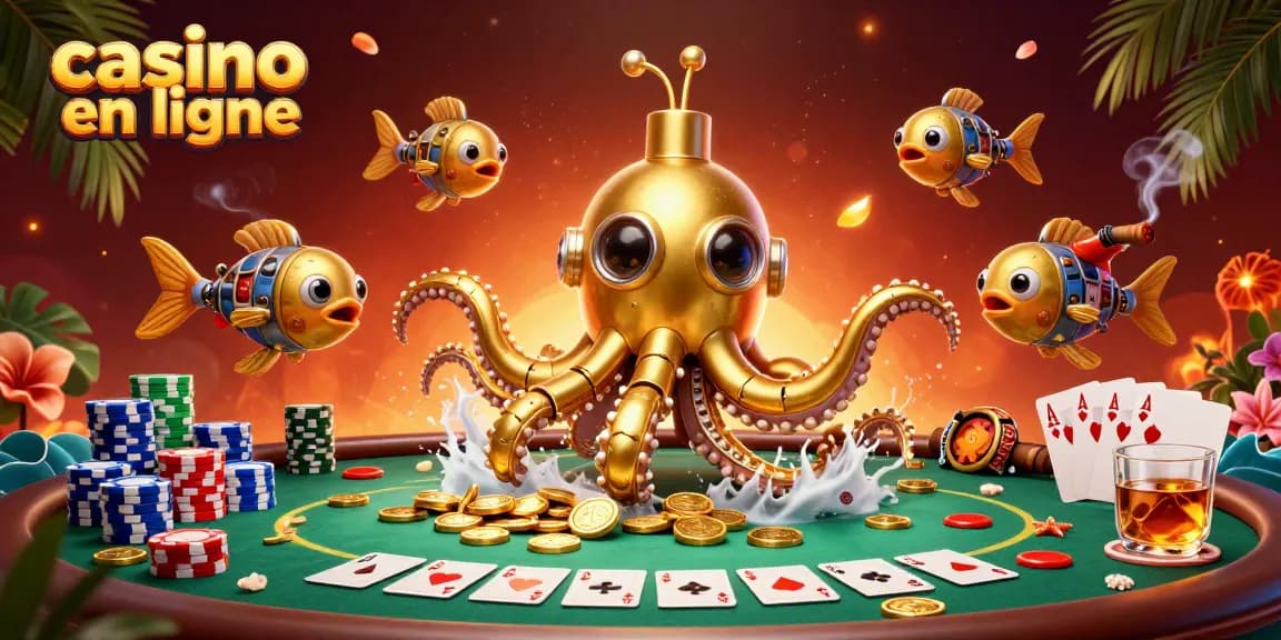 Plongez dans le monde du casino en ligne avec un kraken doré entouré de jetons et de cartes.