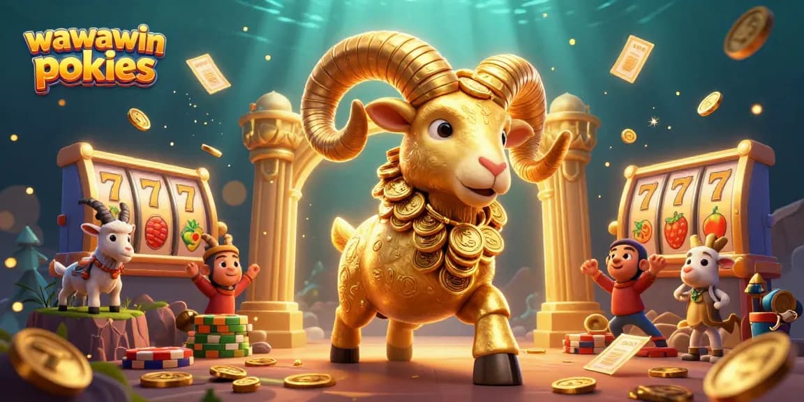 Experience thrilling wawawin pokies with golden ram mascot and vibrant slot game elements.