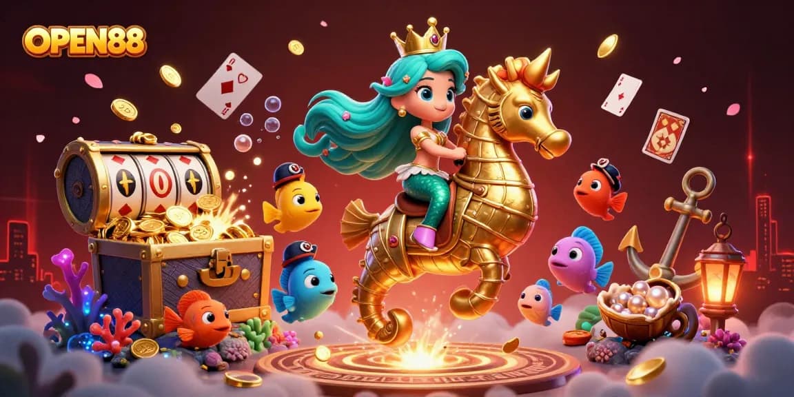 Engage with OPEN88's vibrant casino scene featuring a mermaid, seahorse, and treasures, enhancing your gaming experience.