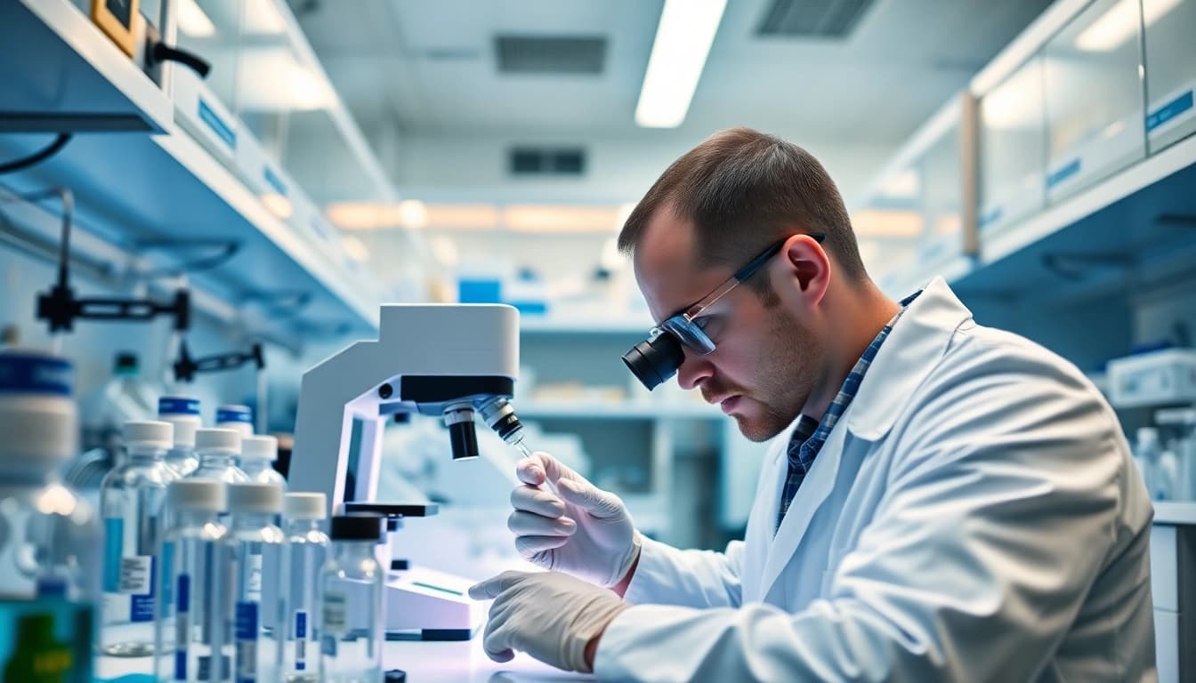 Scientist analyzing peptide samples in a modern lab at peptideprice, showcasing advanced research techniques.
