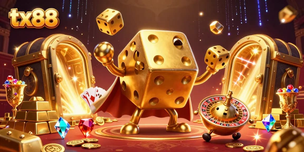 Join the tx88 excitement with amazing golden dice, treasures, and a vibrant casino scene.