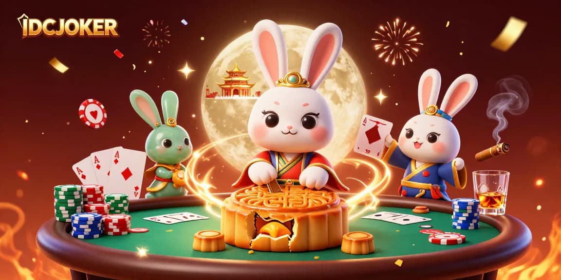 IDCJOKER's vibrant 3D scene showcases the moon rabbit celebrating with poker chips and golden mooncakes, perfect for game lovers.