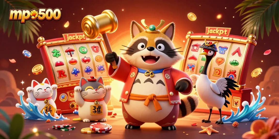 Play mpo500 with cheerful characters amidst vibrant slot game celebrations.