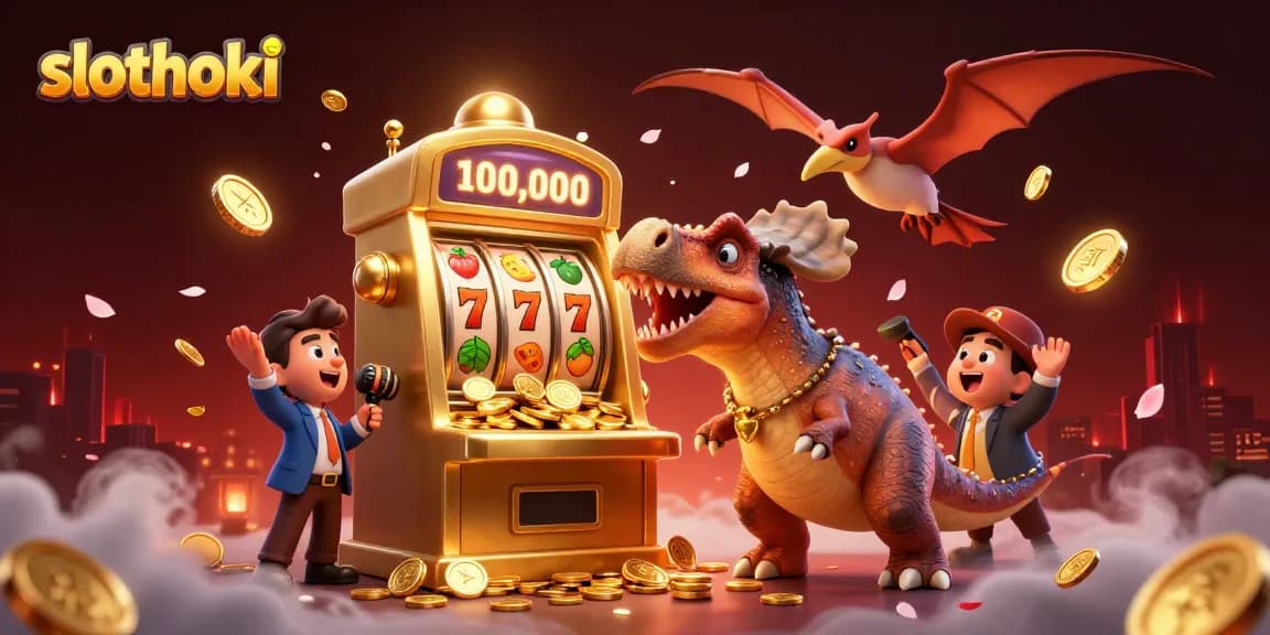 slothoki menghidupkan momen besar, dinosaurus mendapatkan jackpot dari mesin slot dalam ilustrasi 3D yang menarik.
