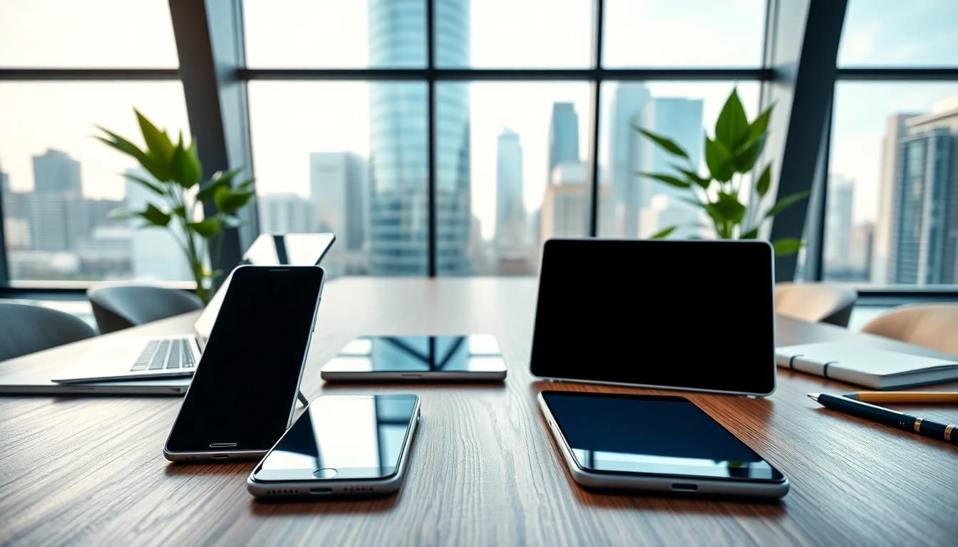 Compare which business mobile provider is best UK using featured devices in a professional office.