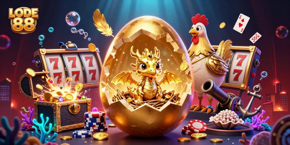 Engage with LODE 88 as a colossal golden egg reveals a golden dragon, surrounded by casino elements.