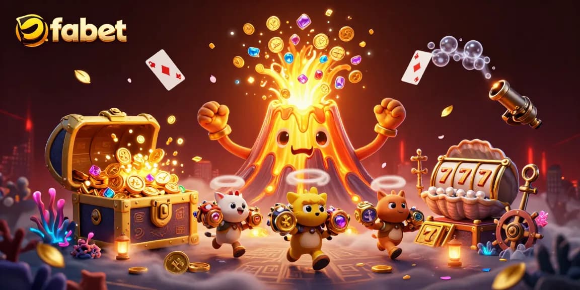 Experience fabet's thrilling jackpot with a golden volcano erupting coins and treasures in captivating 3D artwork.