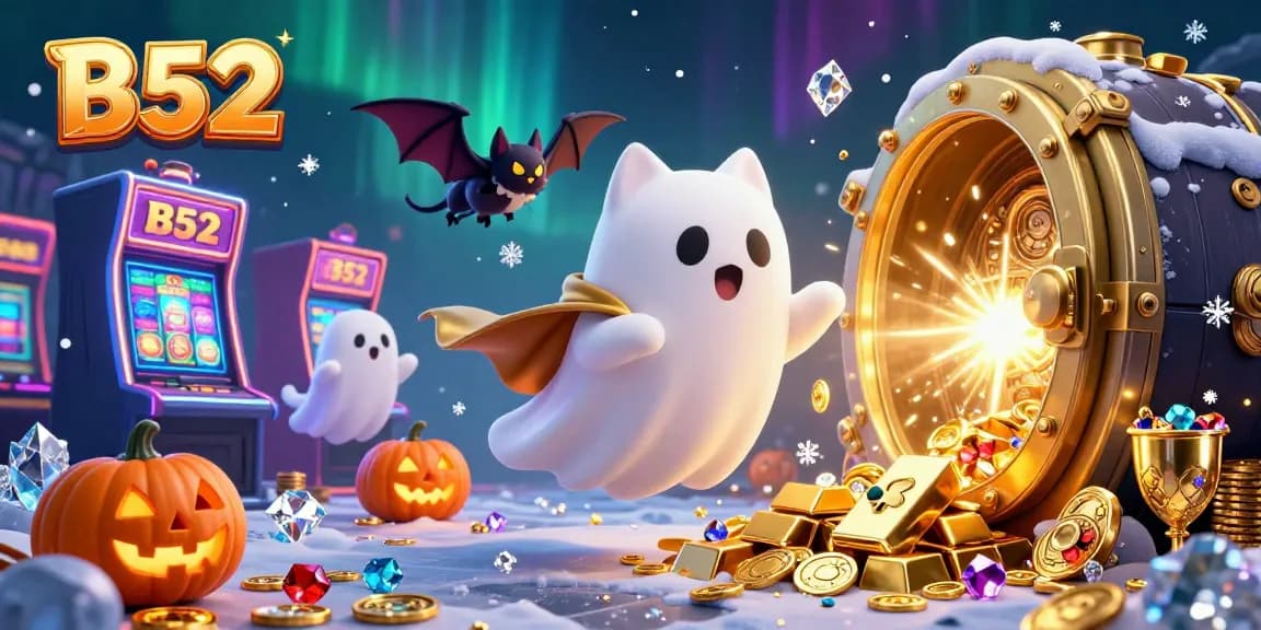 B52 casino scene featuring a friendly ghost cat, a vampire bat, and glowing jack-o-lanterns amidst sparkling jewels and treasures.