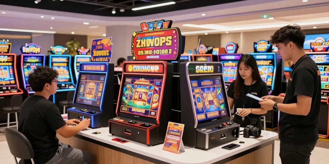 Exciting retail scene showcasing slot jepang games with engaged customers exploring options.