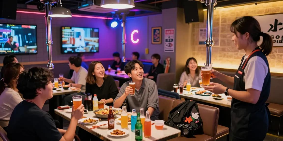 인천쓰리노의 생동감 넘치는 저녁 분위기에서 고객들이 즐겁게 노래하고 있는 모습