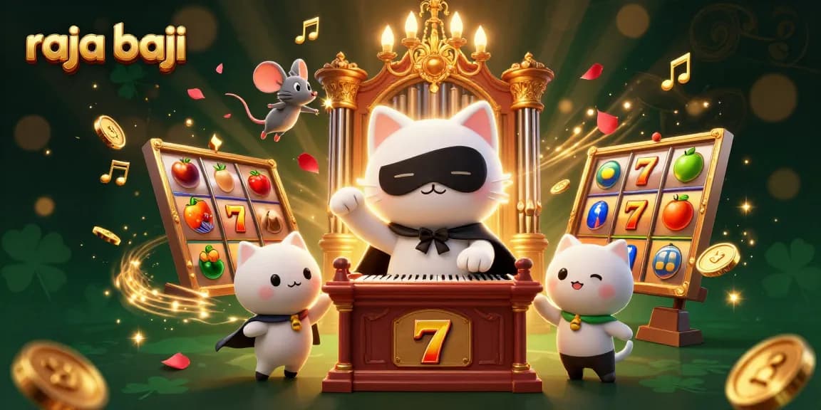 Watch the raja baji 3D scene with the phantom cat and vibrant slots, evoking a dynamic casino atmosphere.