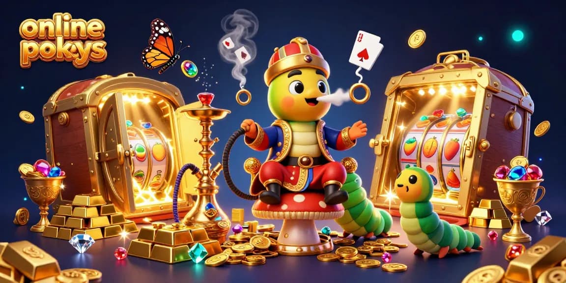 Engage with online pokies as colorful slot reels sparkle amidst treasures in this vibrant casino scene.