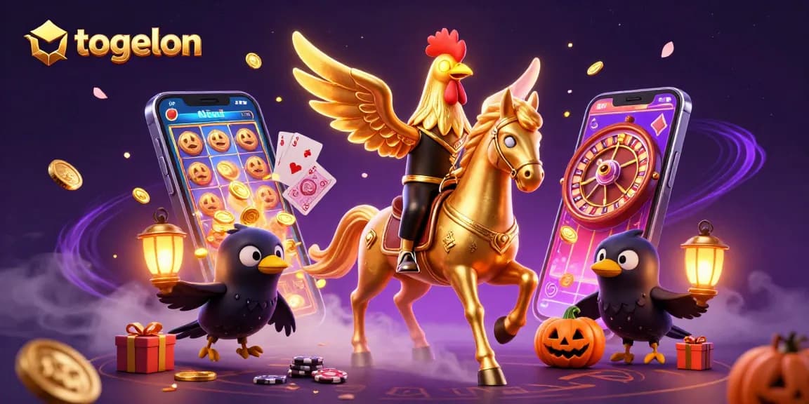 Togelon presents a thrilling scene with a golden rooster and mystical elements in a vibrant casino atmosphere.