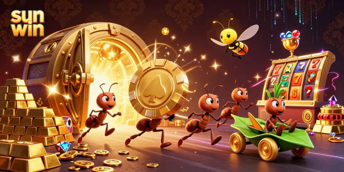 Join the sun win heist with ants, a firefly lookout, and a grasshopper driver in a 3D casino scene.