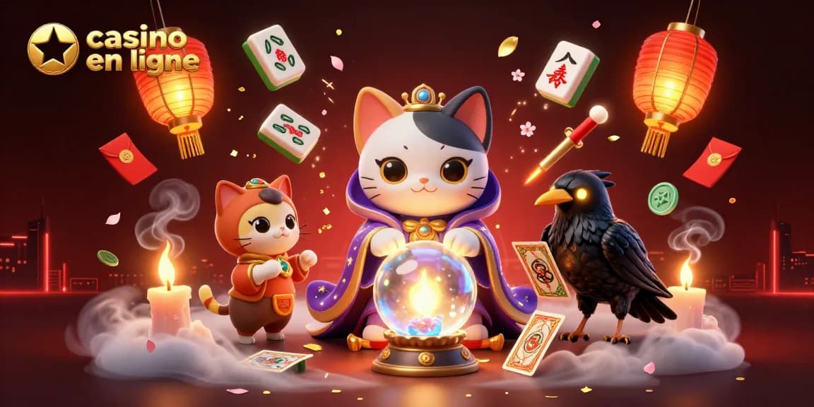 Vivez l'expérience d'un casino en ligne avec un chat mystique, un corbeau aux yeux lumineux, et des éléments flamboyants flottants.