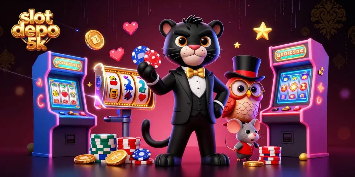 Engaging scene of slot depo 5k featuring a stylish black panther, an owl, and a lucky mouse, showcasing vibrant casino visuals.