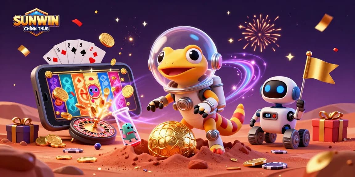 SUNWIN CHÍNH THỨC showcases a 3D cartoon gecko celebrating a golden casino find, surrounded by vibrant gambling elements.