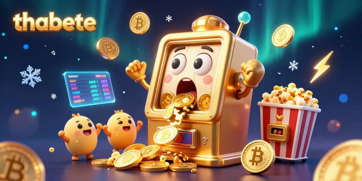 Experience thabete's thrilling jackpot as a golden slot machine celebrates with coins, cheering mini slots, and crypto coins.