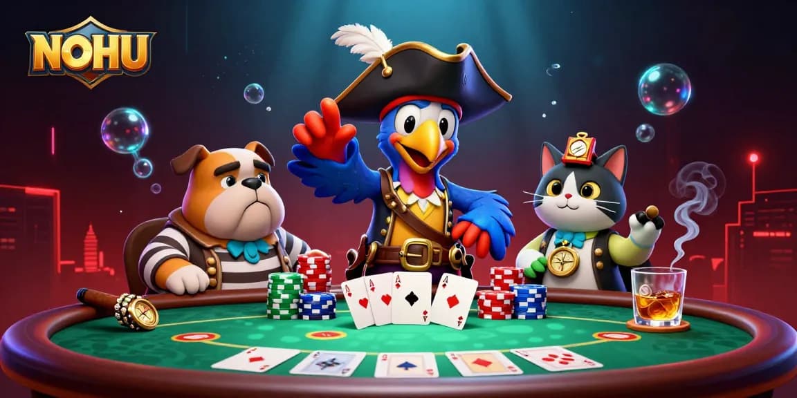 Engage in the NOHU poker atmosphere with a pirate captain and dog dealer offering vibrant gameplay.