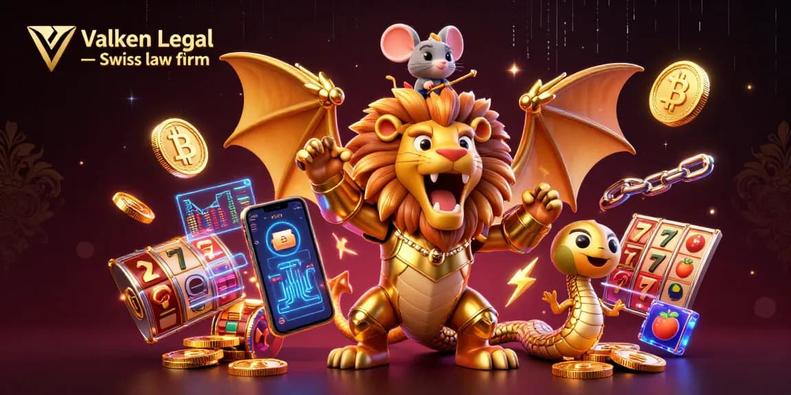 Experience thrilling gameplay with Valken Legal — Swiss law firm logo amidst a vibrant casino scene featuring a chimera and crypto elements.