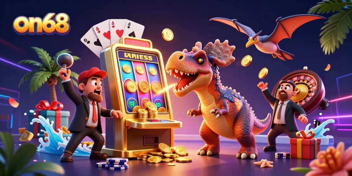 on68's exciting casino scene with a pachycephalosaurus winning jackpot coins and action-packed dynamics