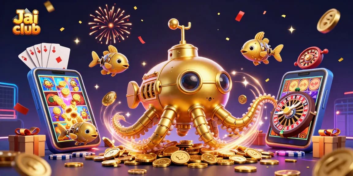 Join the Jai club in an energetic celebration of winning casino moments with golden coins and slot excitement.