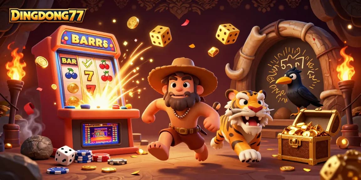 DINGDONG77 energizes players at a prehistoric casino filled with vibrant 3D illustration.