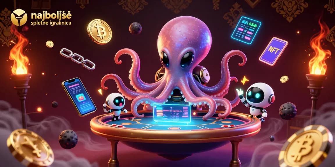 Najboljše spletne igralnice prikazujejo 3D ilustracijo znanstvenofantastične igre s pokrom in kriptovalutami.