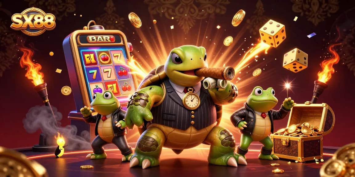 SX88's jackpot scene features a snapping turtle mobster with bullfrog enforcers enjoying a vibrant casino atmosphere.