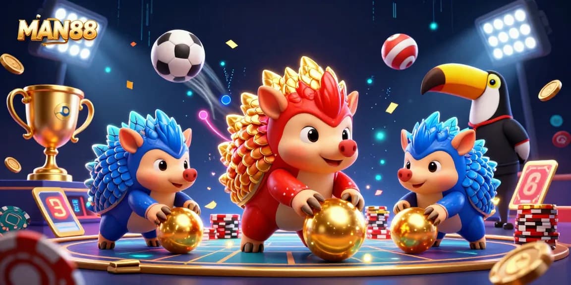MAN88 pangolins compete in a vibrant casino scene filled with golden coins and poker chips.