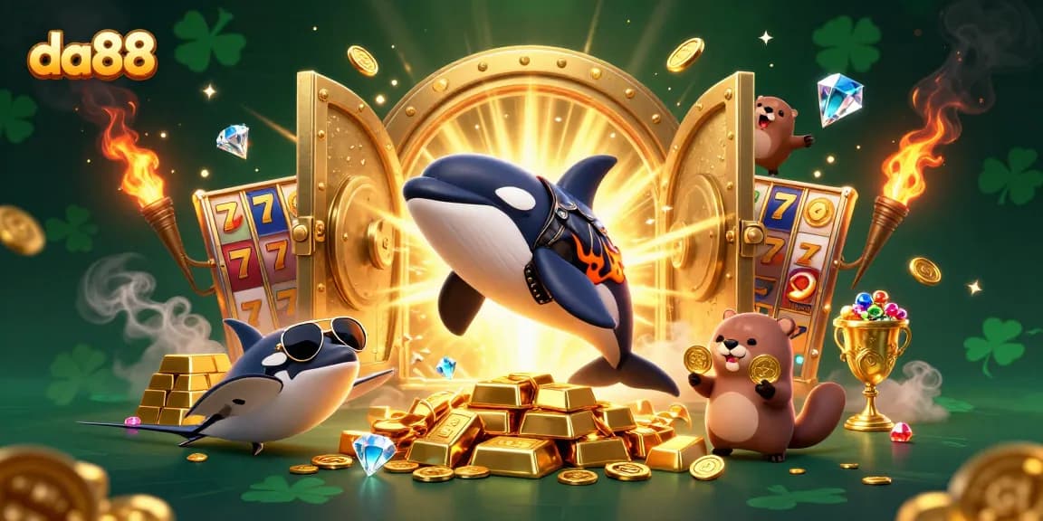 Spin the reels with da88 while a playful orca and sea otters shine in golden wealth.