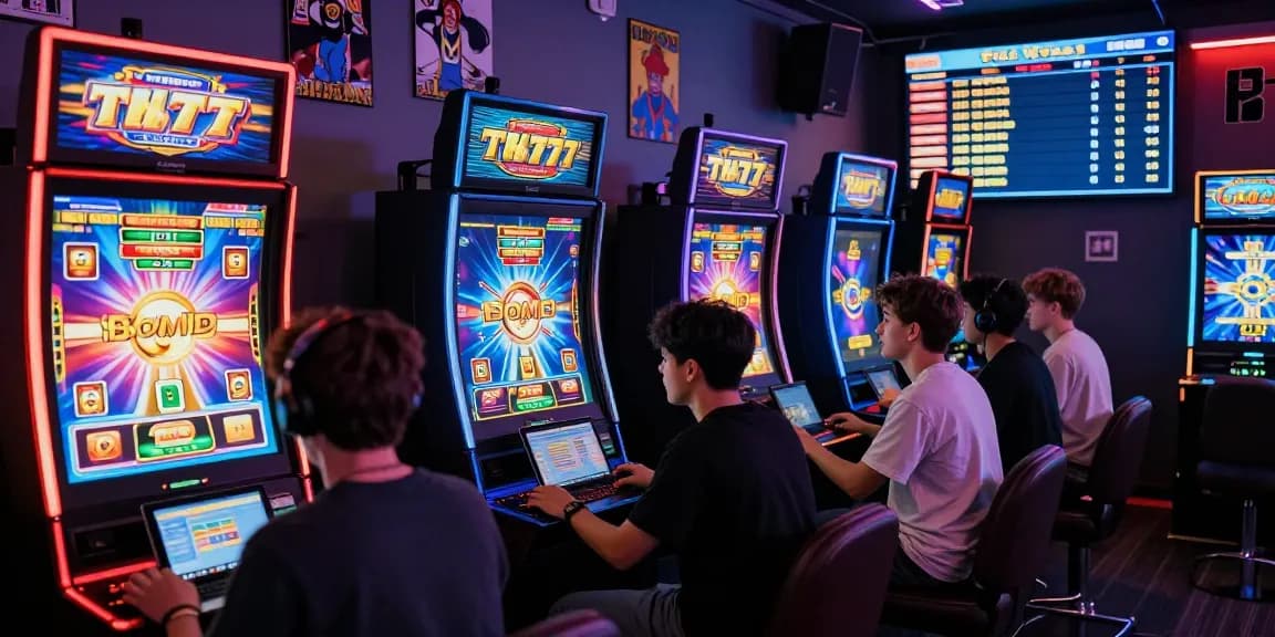 Group of players enjoying slot777 games in a vibrant, lively gaming environment with colorful screens and engaging atmosphere.
