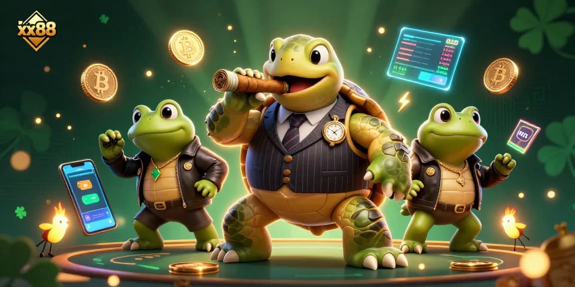 Experience the thrill of xx88 with a lively casino scene featuring a snapping turtle in a mobster suit.