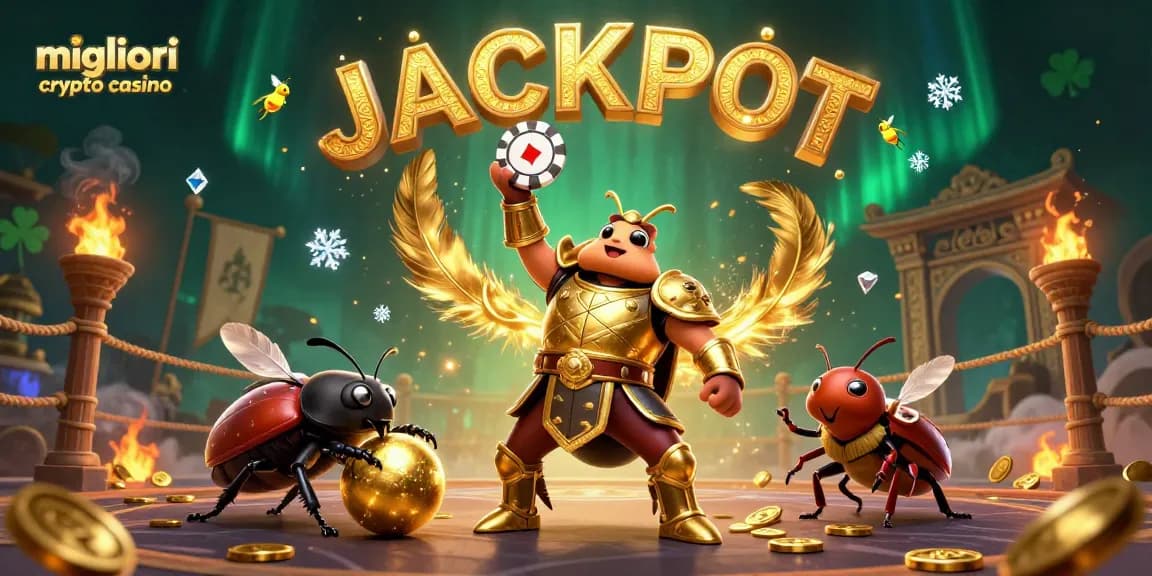 I migliori crypto casino mostrano il grillo erculeo in armatura dorata che celebra con una fiches, tra scintillii e atmosfere vibranti.