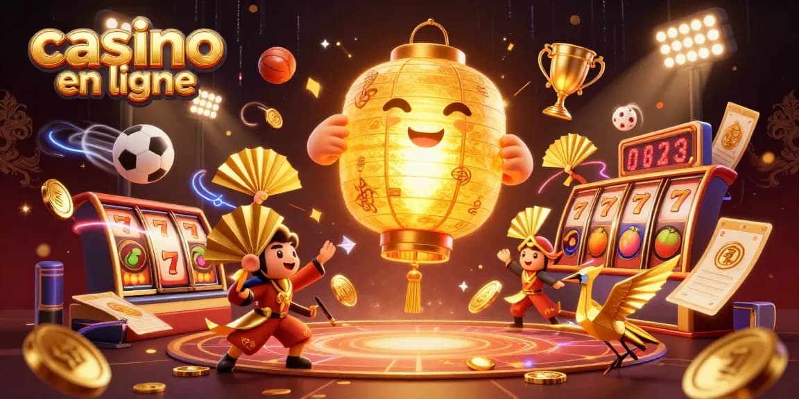 Une scène dynamique de casino en ligne avec des personnages de lanternes dorées et des éléments de jeux captivants.