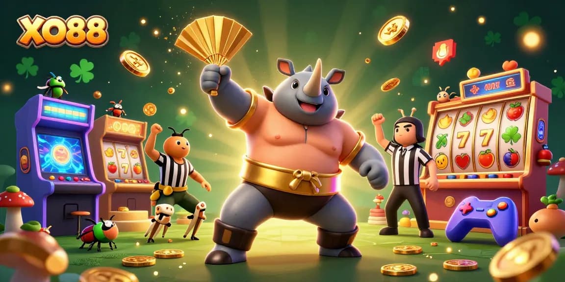 Experience majestic XO88 gameplay with a beetle champion surrounded by vibrant casino symbols.