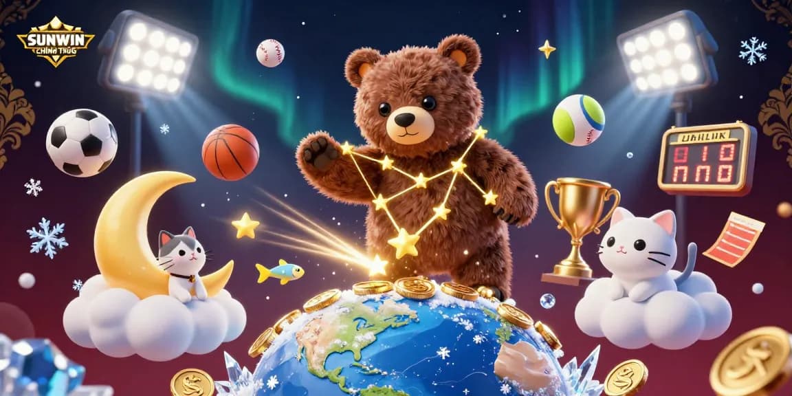 SUNWIN CHÍNH THỨC showcases an energetic sports betting scene with a constellation bear and dynamic sports elements.