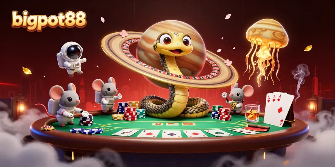 Experience thrilling bets at bigpot88 with astronaut mice and cosmic dealer in a vibrant casino scene.