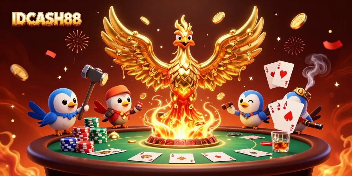 Experience the thrilling world of IDCASH88 with a golden phoenix emerging from a casino scene.
