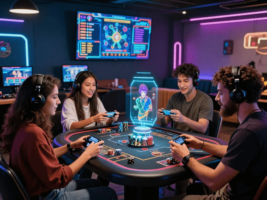 Exciting scene capturing friends engaging in a crypto casino gaming experience with vibrant neon lights and interactive technology.