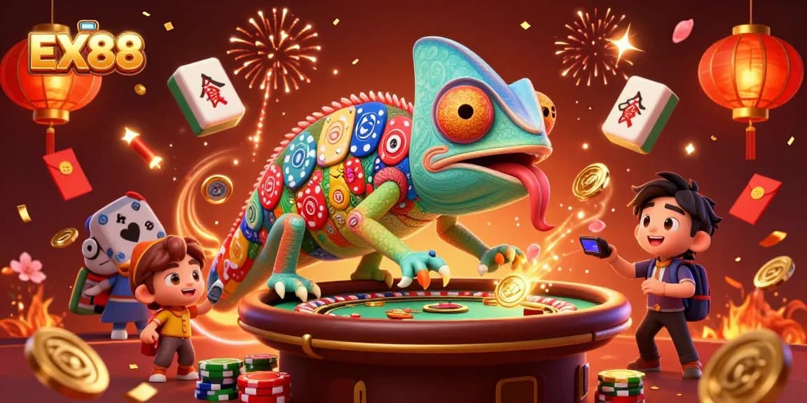 Experience the excitement of EX88 casino with a lively chameleon owner and vibrant gaming elements.