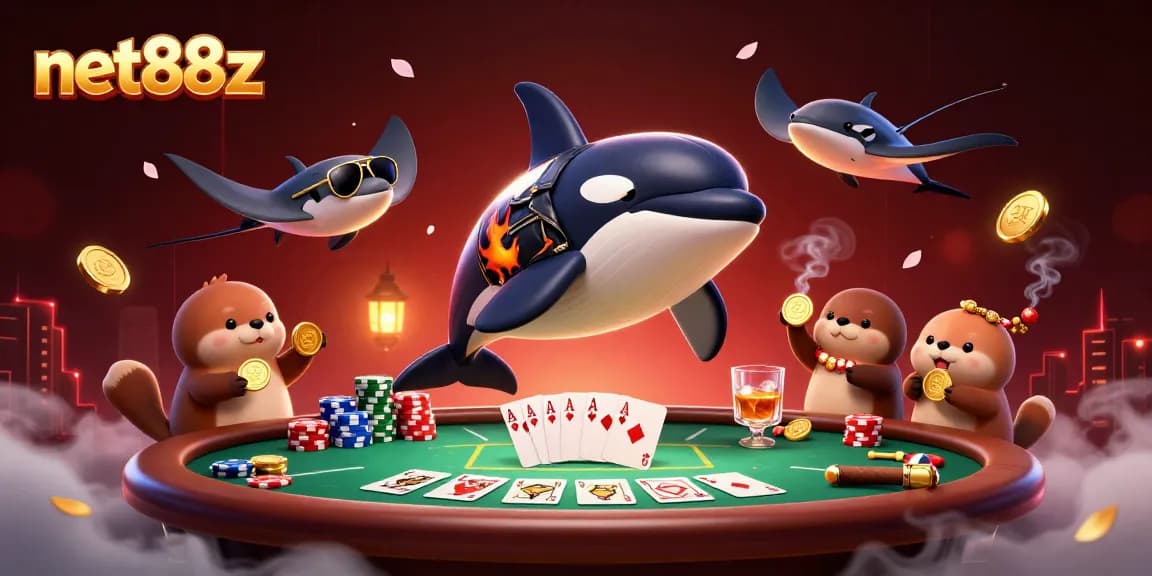 Engage with net88z through this vibrant poker scene featuring dynamic sea creatures and golden coins.