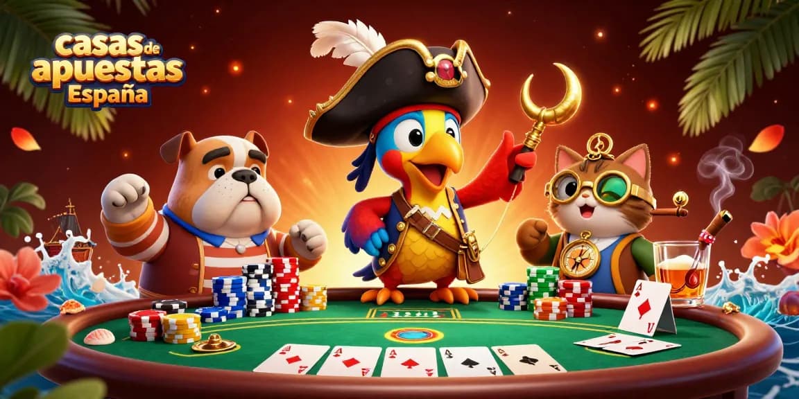 Casas de apuestas España con un pirata y sus amigos en una escena de póker animada
