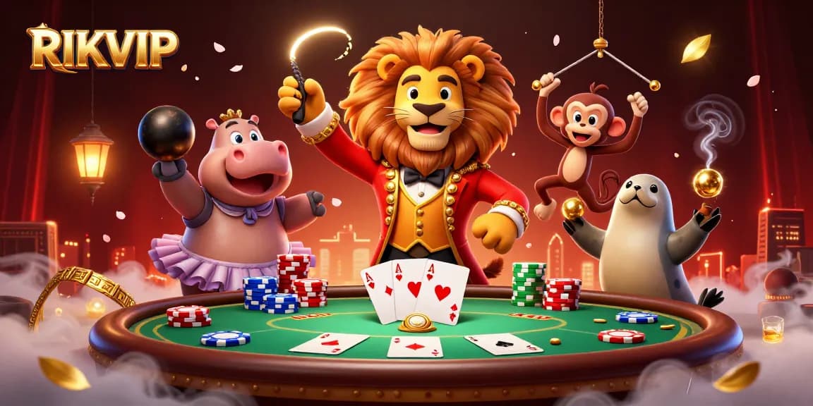 Experience the thrill at RIKVIP with a vibrant scene of a circus ringmaster lion and dynamic casino elements.