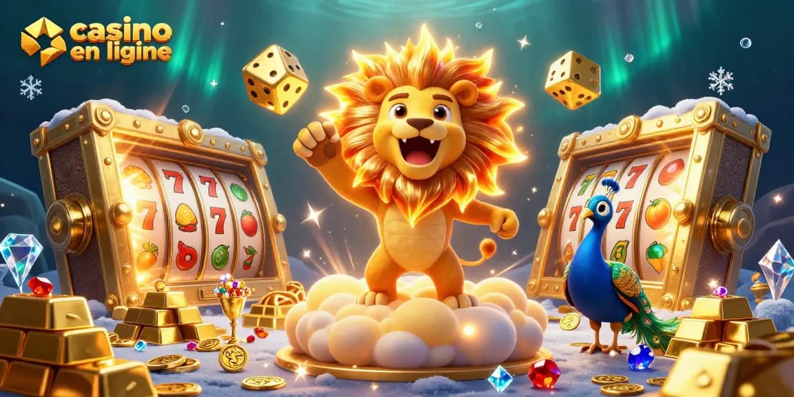 Jouez au casino en ligne avec un lion solaire et des dés dorés entourés de trésors comblés.