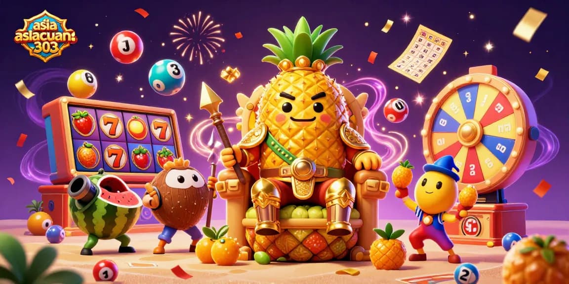 Menggertakan pengalaman bermain slot gacor di asiacuan303 dengan raja nanas emas dan elemen casino yang meriah.
