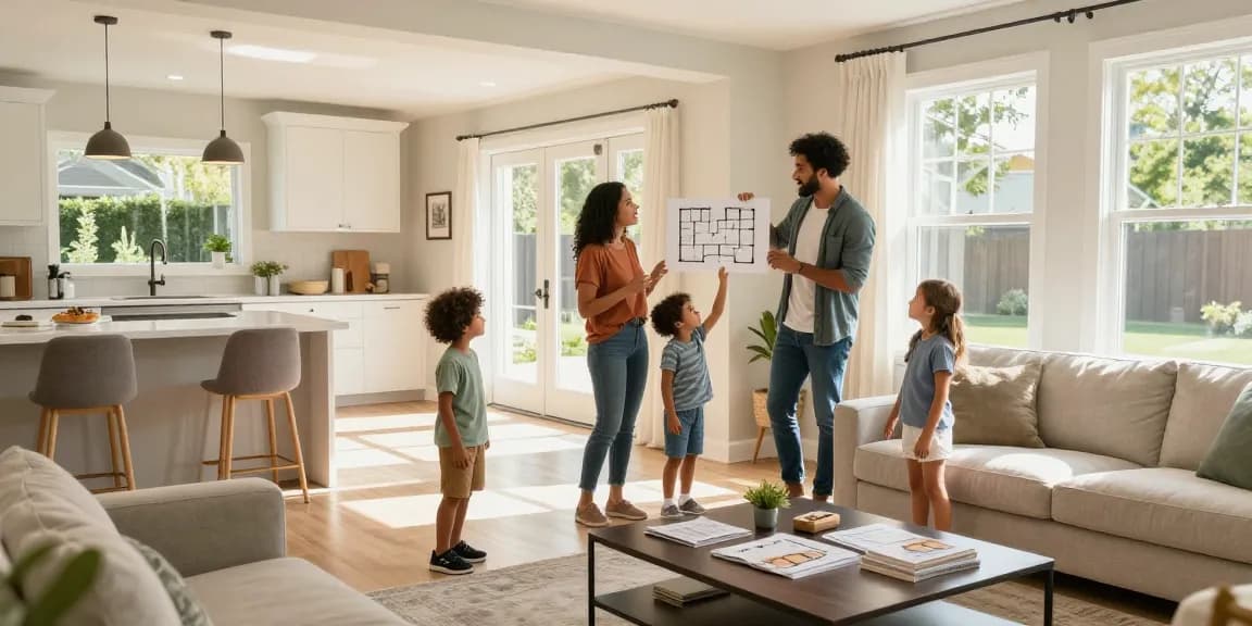 Família feliz explorando a nova casa da Woning Unie, com luz natural e decoração moderna.