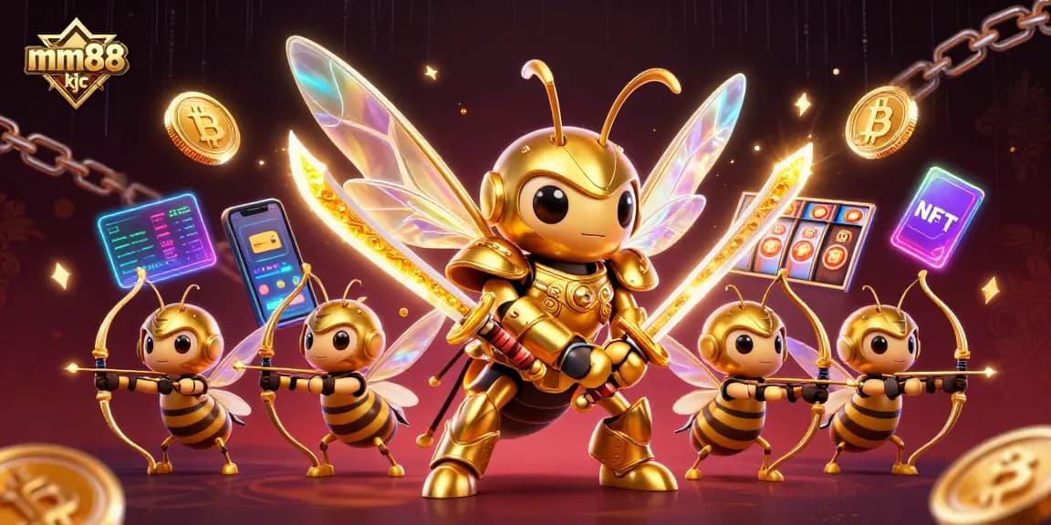 Engage with the vibrant 3D gaming scene of mm88 kjc featuring dynamic golden hornets and crypto elements.